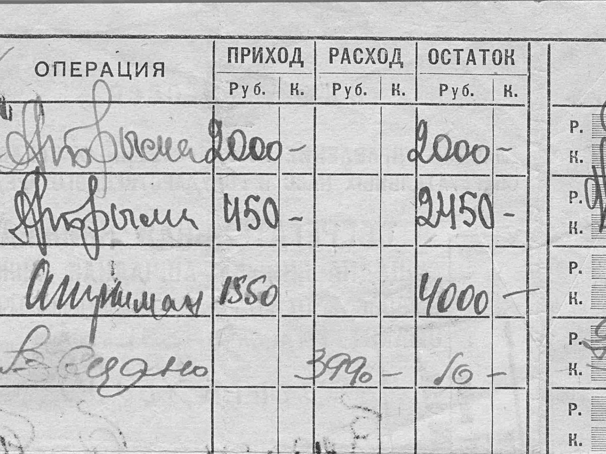 Страница сберегательной книжки 1937 года с колонками «приход», «расход», «остаток»
